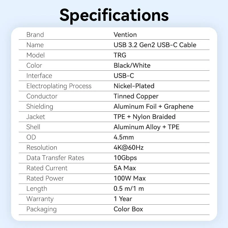 Vention USB 3.2 Gen2 C Male to C Male 10Gbps Cable Aluminum Alloy Type - Image 12