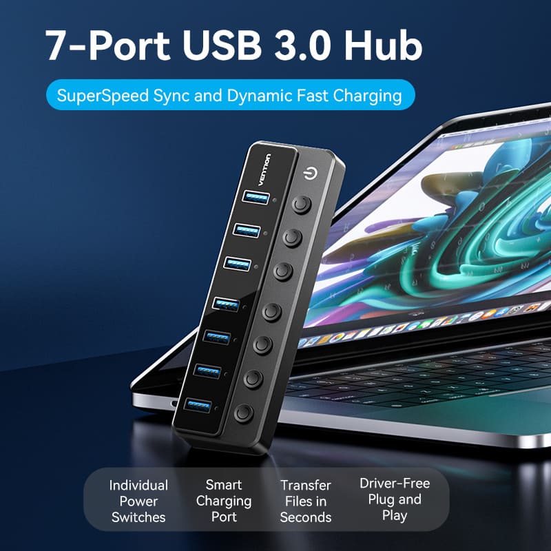 Vention 8-in-1 USB 3.0 Type-B Hub with Individual Power Switches - Image 2