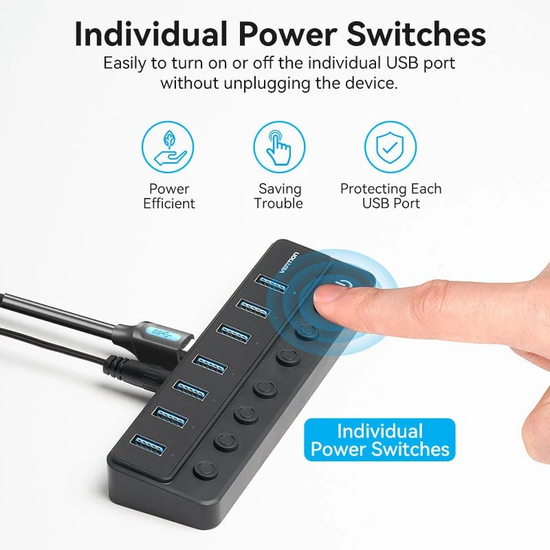 Vention 8-in-1 USB 3.0 Type-B Hub with Individual Power Switches - Image 4