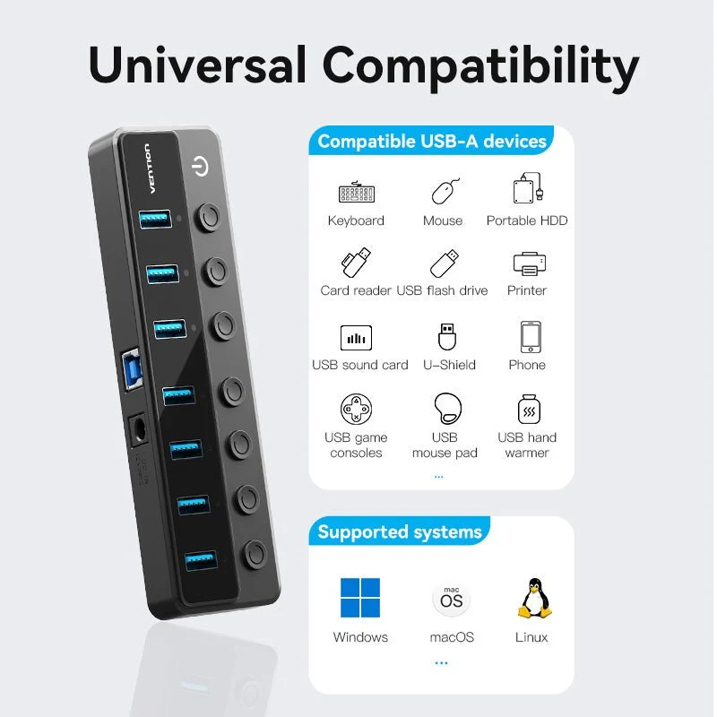 Vention 8-in-1 USB 3.0 Type-B Hub with Individual Power Switches - Image 6
