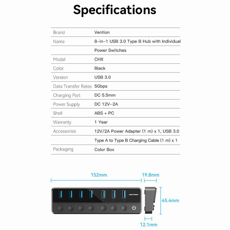 Vention 8-in-1 USB 3.0 Type-B Hub with Individual Power Switches - Image 7
