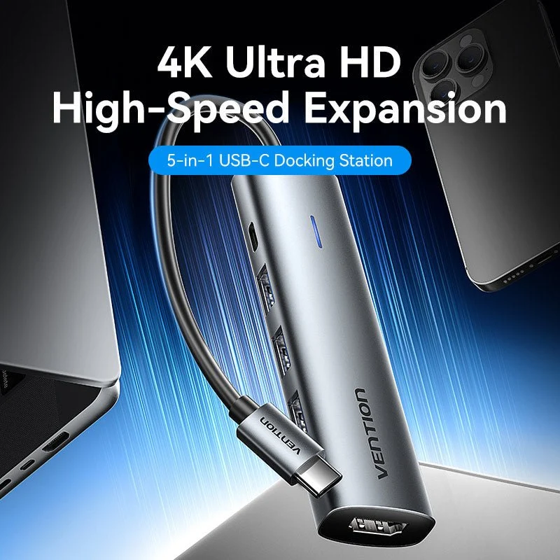 Vention USB-C to HDMI™/USB 3.0*3/PD Docking Station 0.15M Gray Aluminum Alloy Type - Image 2