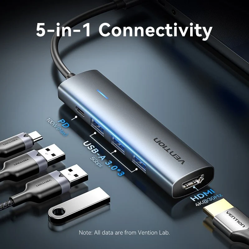 Vention USB-C to HDMI™/USB 3.0*3/PD Docking Station 0.15M Gray Aluminum Alloy Type - Image 3