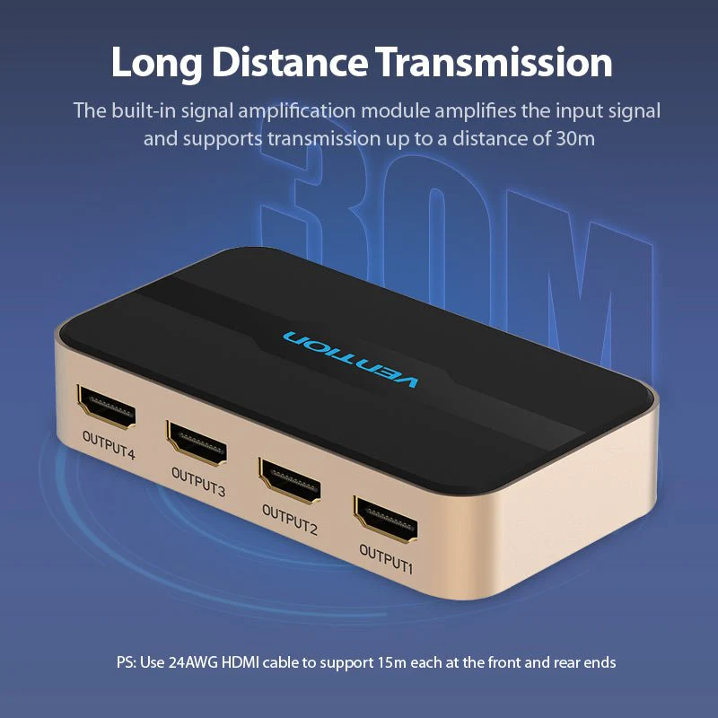 Vention 1 In 4 Out HDMI Splitter 4K@30Hz Gold Aluminum Alloy Type UK Standard - Image 6