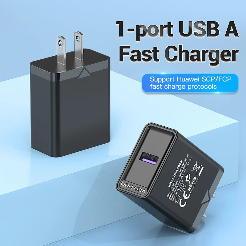 Vention 1-port USB Wall Charger(22.5W) US-Plug Black - Image 2