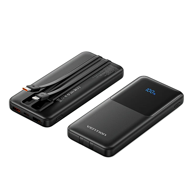 Vention 10000mAh Power Bank with Built-in USB-C and Lightning Cables 22.5W Black LED Display Universal Type