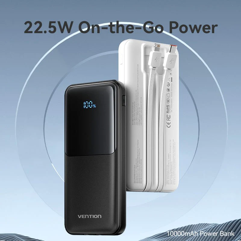 Vention 10000mAh Power Bank with Built-in USB-C and Lightning Cables 22.5W Black LED Display Universal Type - Image 3