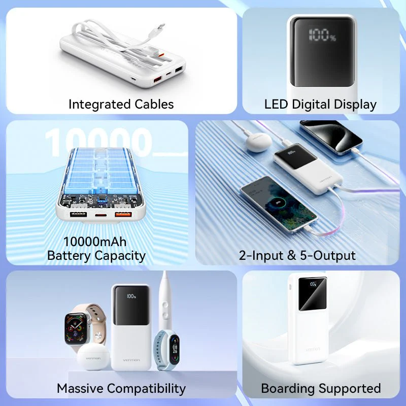 Vention 10000mAh Power Bank with Built-in USB-C and Lightning Cables 22.5W Black LED Display Universal Type - Image 4