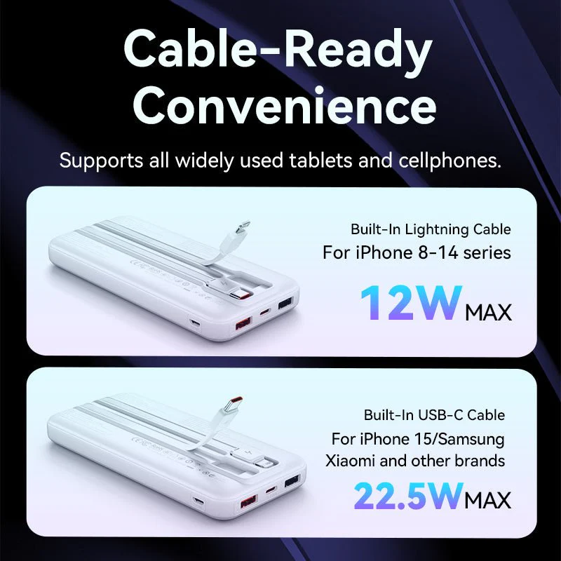Vention 10000mAh Power Bank with Built-in USB-C and Lightning Cables 22.5W Black LED Display Universal Type - Image 5