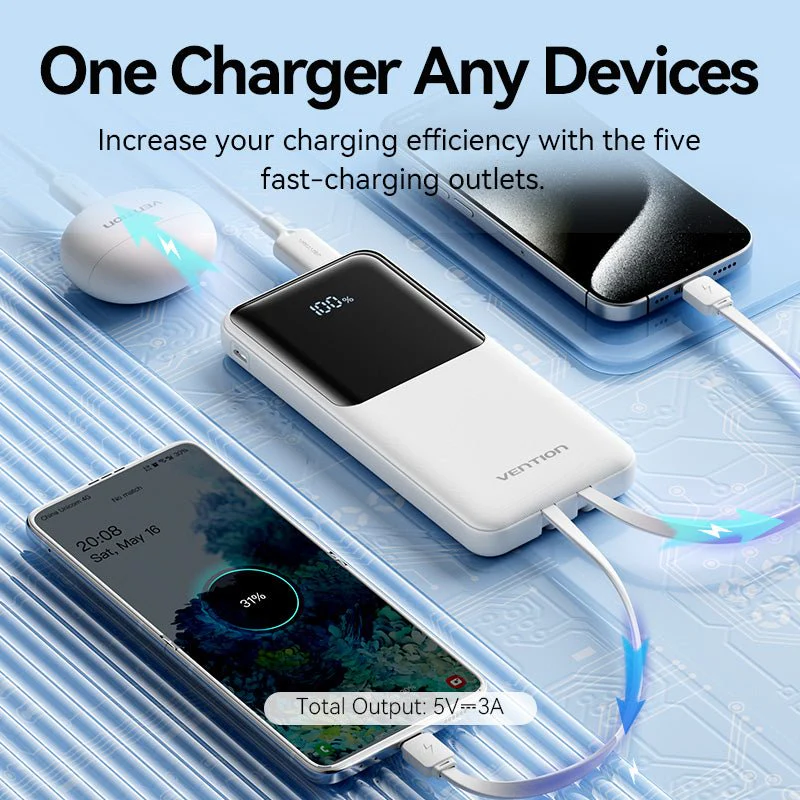 Vention 10000mAh Power Bank with Built-in USB-C and Lightning Cables 22.5W Black LED Display Universal Type - Image 6