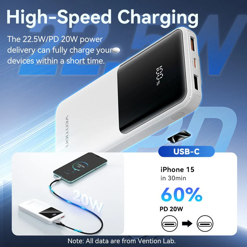 Vention 10000mAh Power Bank with Built-in USB-C and Lightning Cables 22.5W Black LED Display Universal Type - Image 9