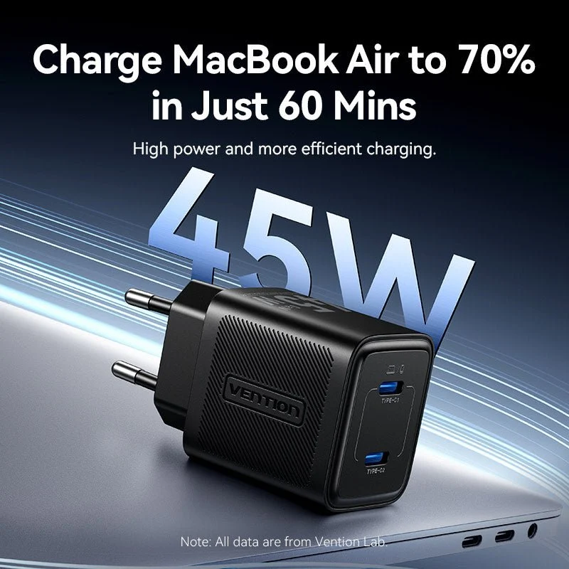 Vention 2-Port USB (C + C) GaN Charger (45W/45W) EU-Plug Black - Image 7