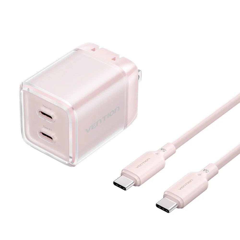 Vention 2-Port USB (C + C) GaN Charger (45W/45W) with 5A USB-C to USB-C Cable  US-Plug Gray