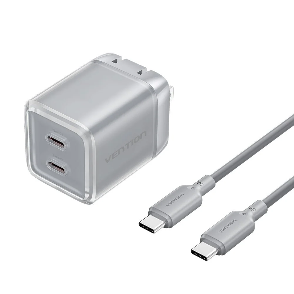 Vention 2-Port USB (C + C) GaN Charger (45W/45W) with 5A USB-C to USB-C Cable  US-Plug Gray - Image 3