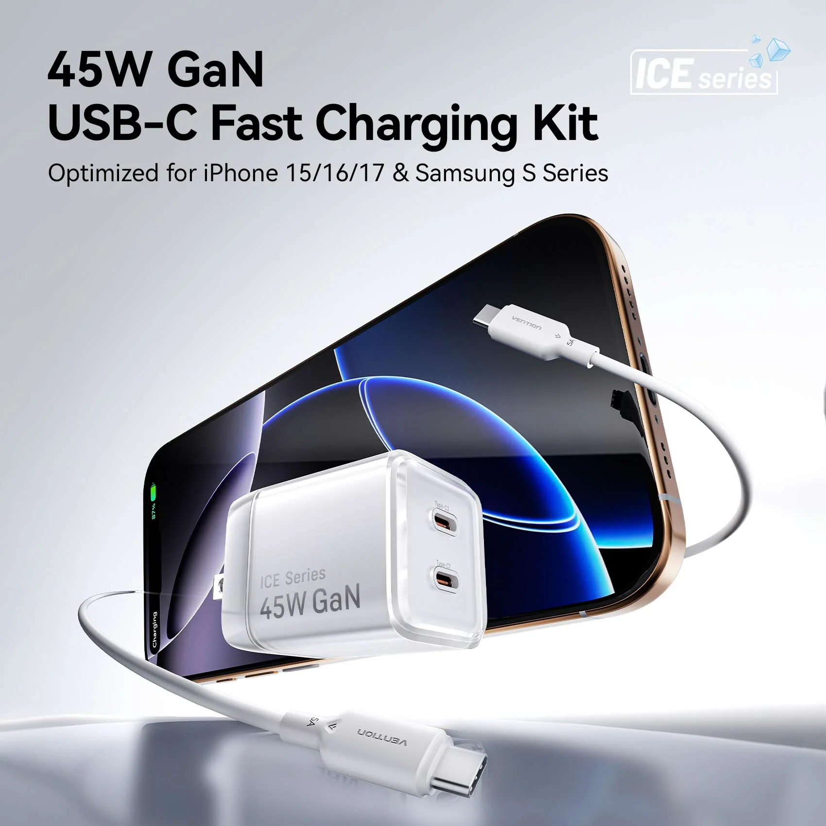 Vention 2-Port USB (C + C) GaN Charger (45W/45W) with 5A USB-C to USB-C Cable  US-Plug Gray - Image 4