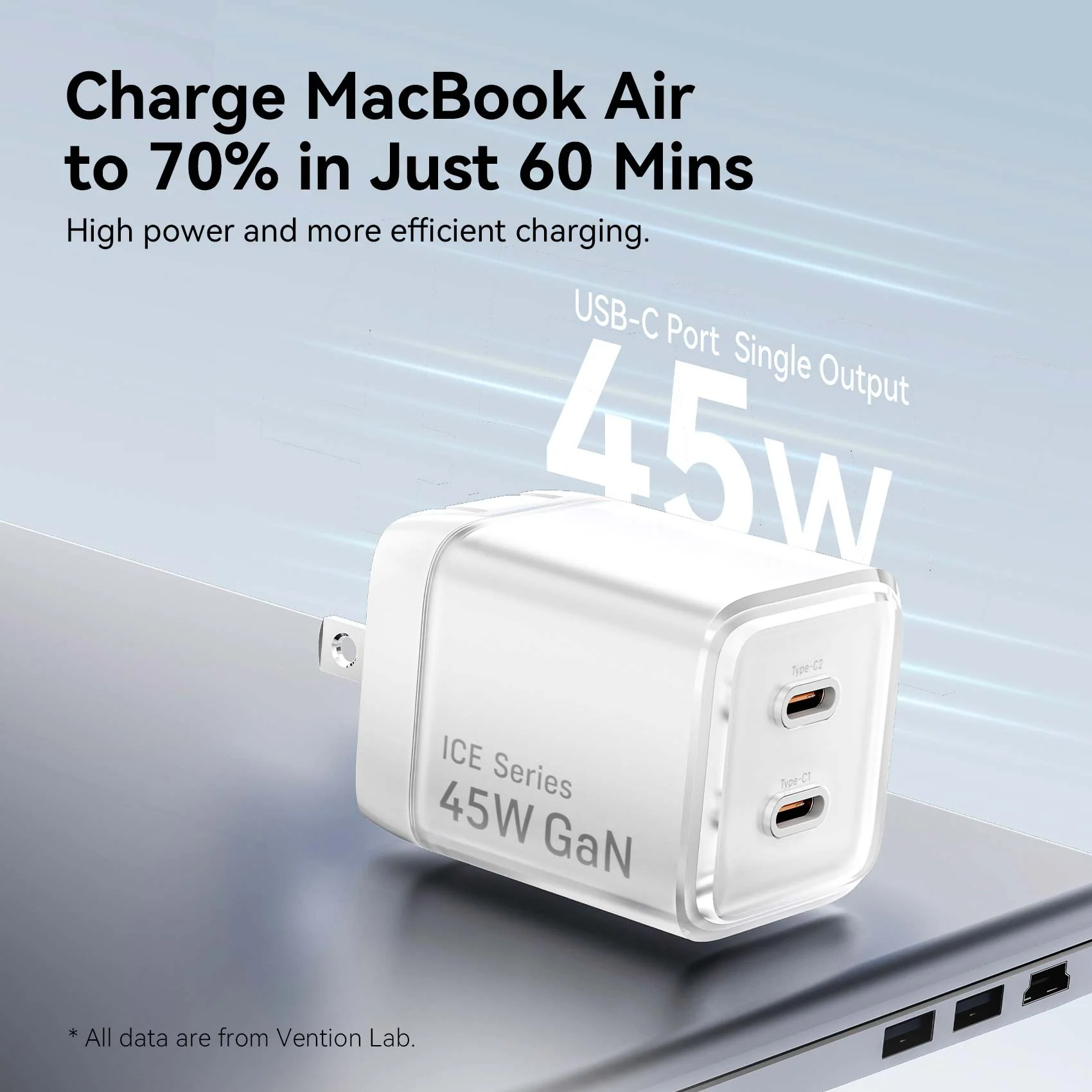Vention 2-Port USB (C + C) GaN Charger (45W/45W) with 5A USB-C to USB-C Cable  US-Plug Gray - Image 8