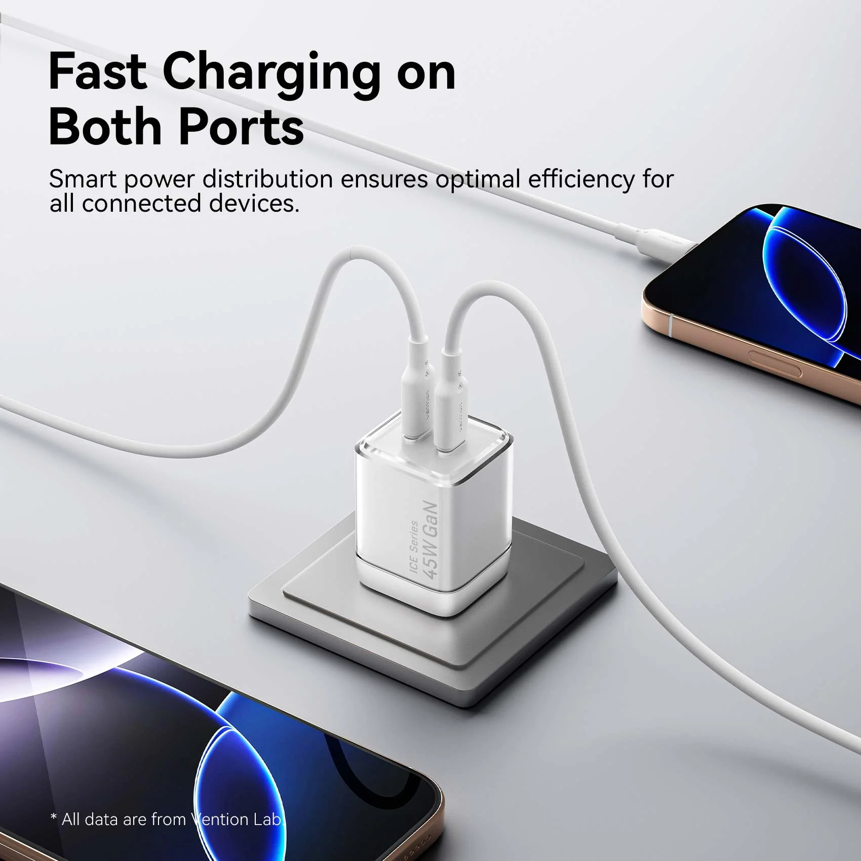 Vention 2-Port USB (C + C) GaN Charger (45W/45W) with 5A USB-C to USB-C Cable  US-Plug Gray - Image 9