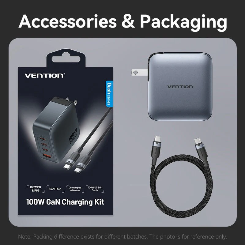 Vention 4-Port USB (C + C + C + A) GaN Charger (100W/100W/30W/30W) Gray with USB-C to USB-C Cable (1M) Black US-Plug - Image 15