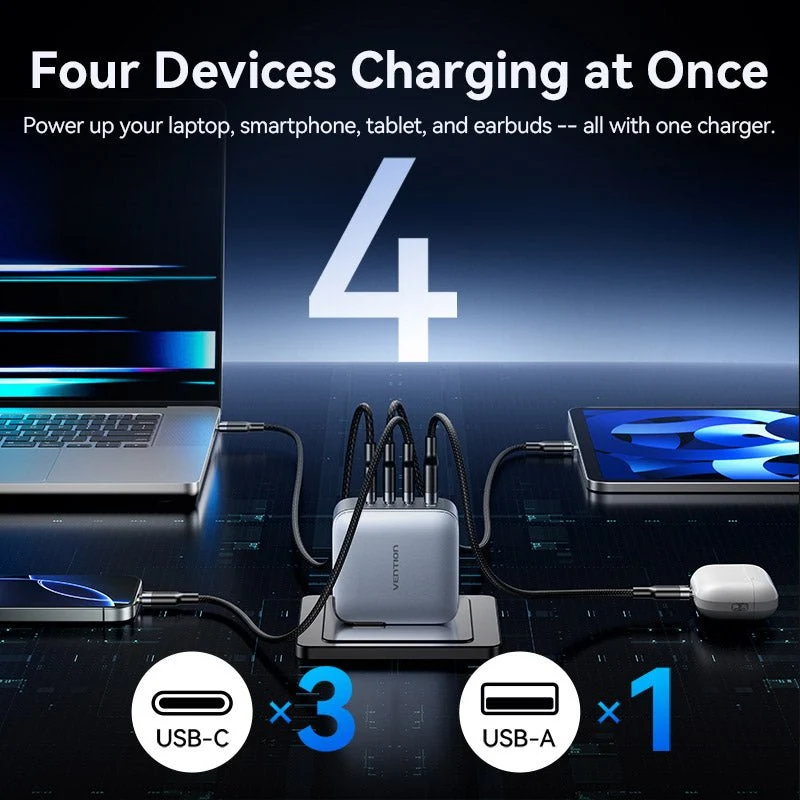 Vention 4-Port USB (C + C + C + A) GaN Charger (100W/100W/30W/30W) Gray with USB-C to USB-C Cable (1M) Black US-Plug - Image 7