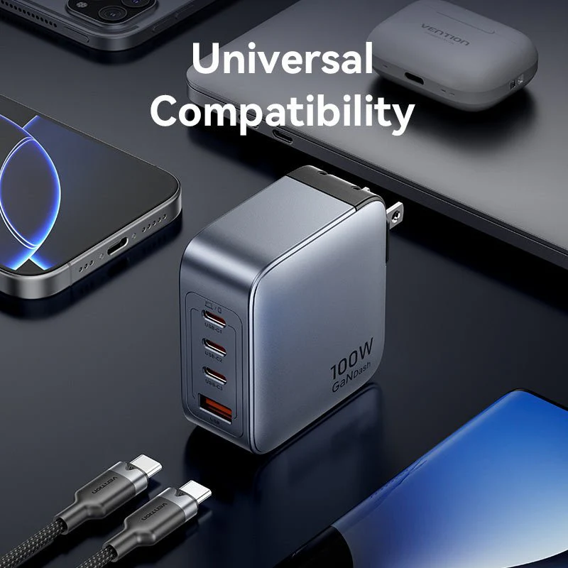 Vention 4-Port USB (C + C + C + A) GaN Charger (100W/100W/30W/30W) UK-Plug Gray - Image 12