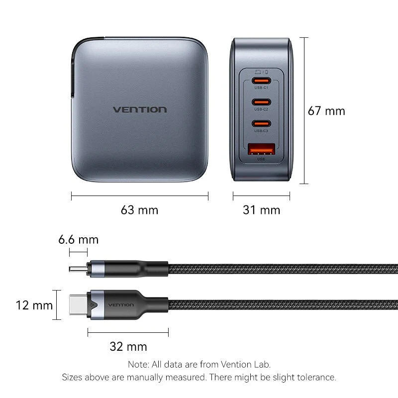 Vention 4-Port USB (C + C + C + A) GaN Charger (100W/100W/30W/30W) UK-Plug Gray - Image 14