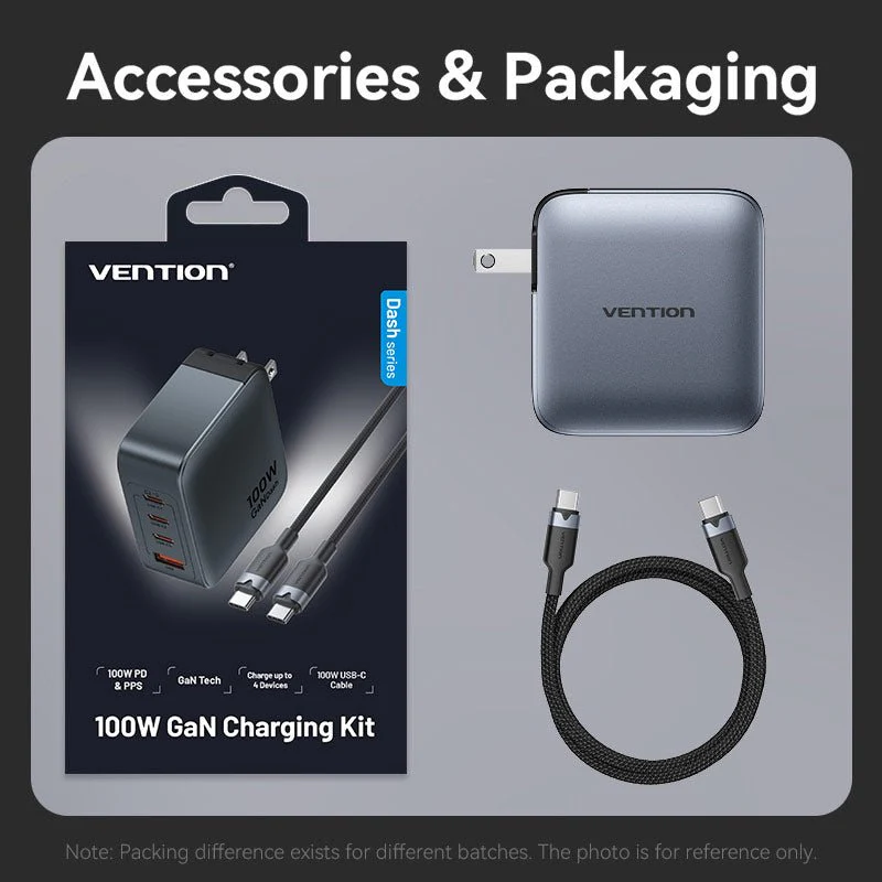 Vention 4-Port USB (C + C + C + A) GaN Charger (100W/100W/30W/30W) UK-Plug Gray - Image 15