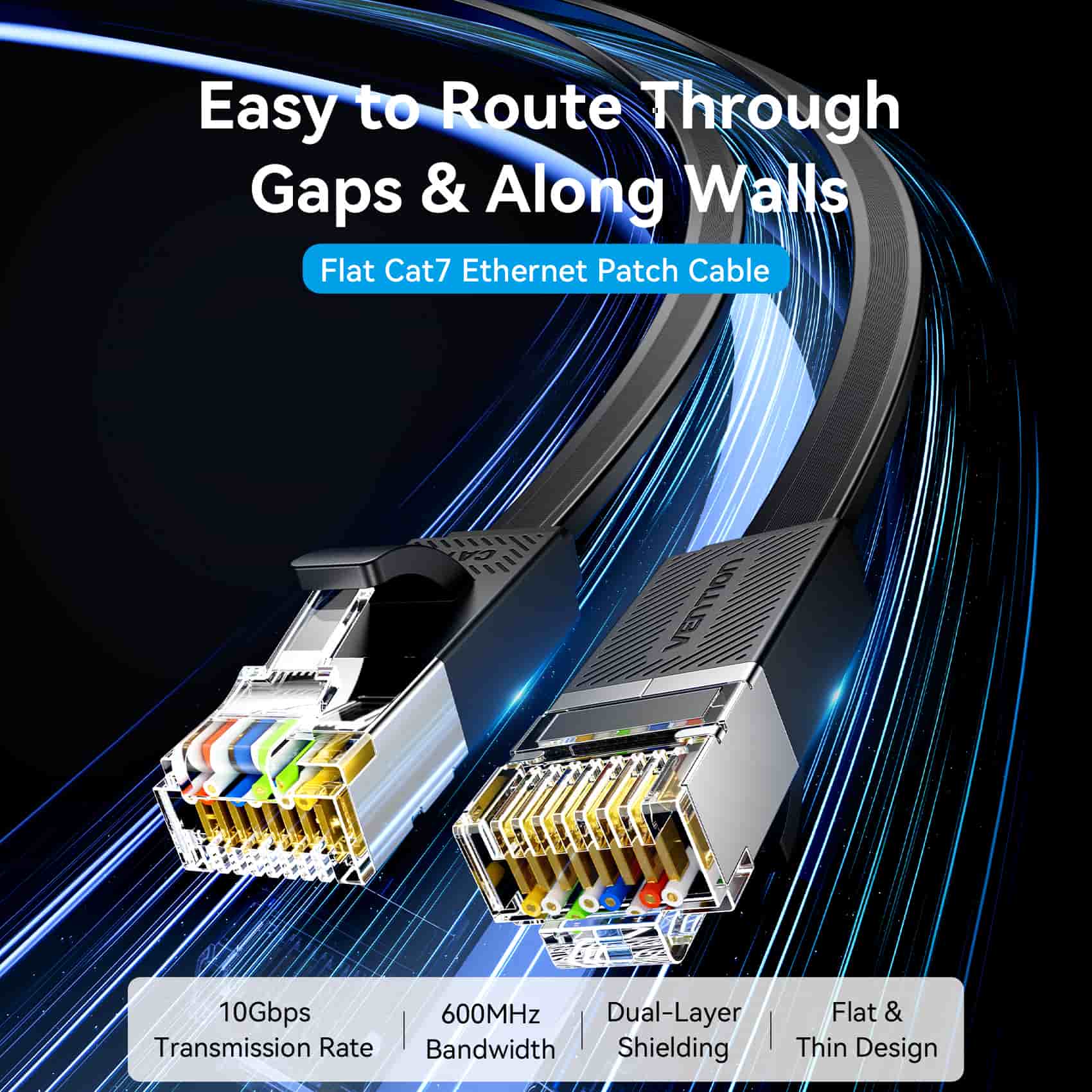 Vention Flat Cat.7 Ethernet Patch Cable Black - Image 2