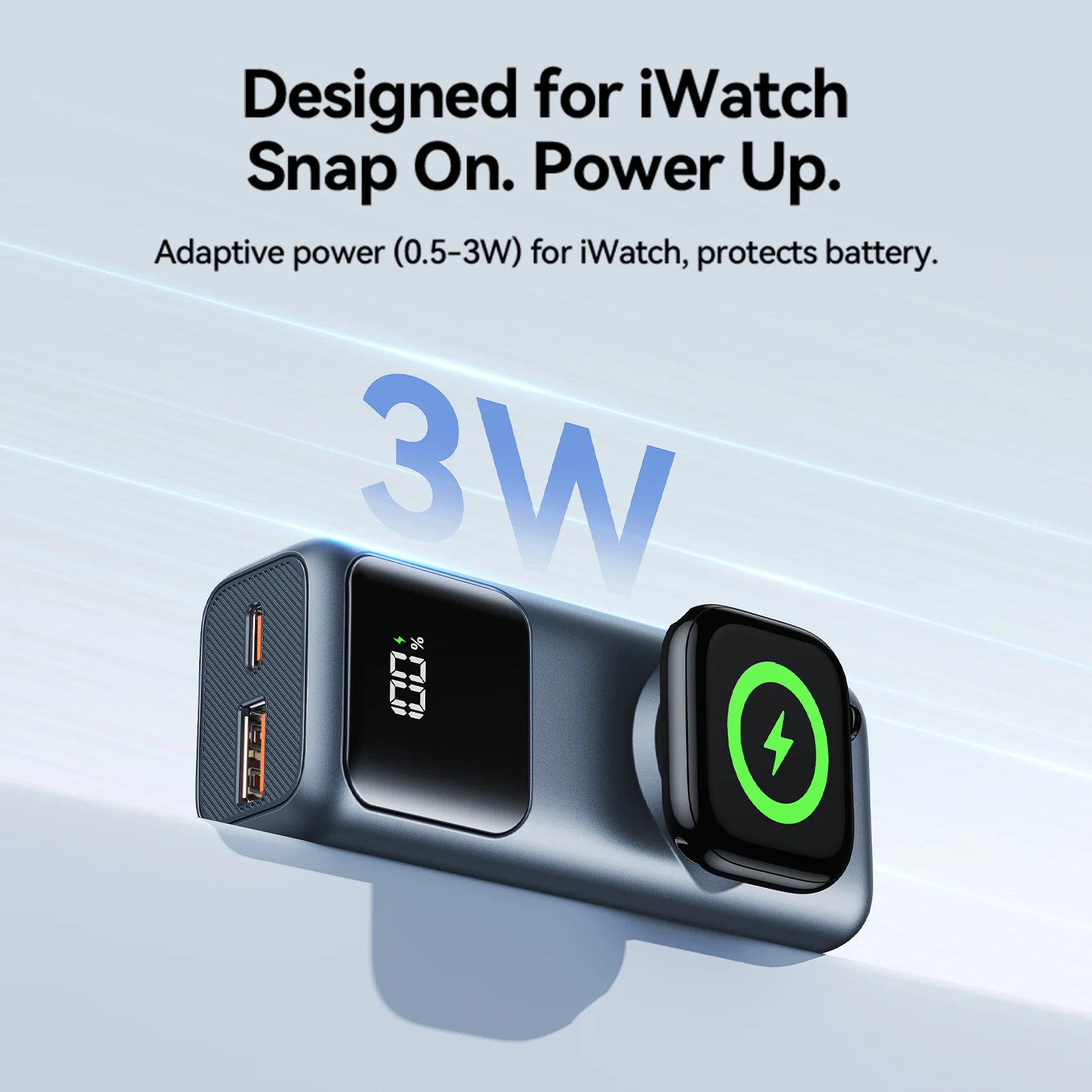 Vention Mini 10000mAh Power Bank (USB-C + USB-A) with Built-in USB-C Cable and Apple Watch Charging Area 22.5W Gray LED Display Type - Image 6