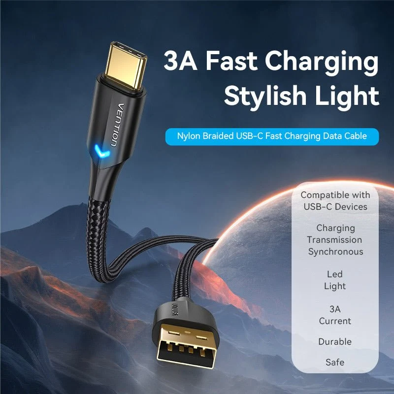 Vention Nylon Braided USB 2.0 A Male to C Male 3A Cable  LED Type - Image 2