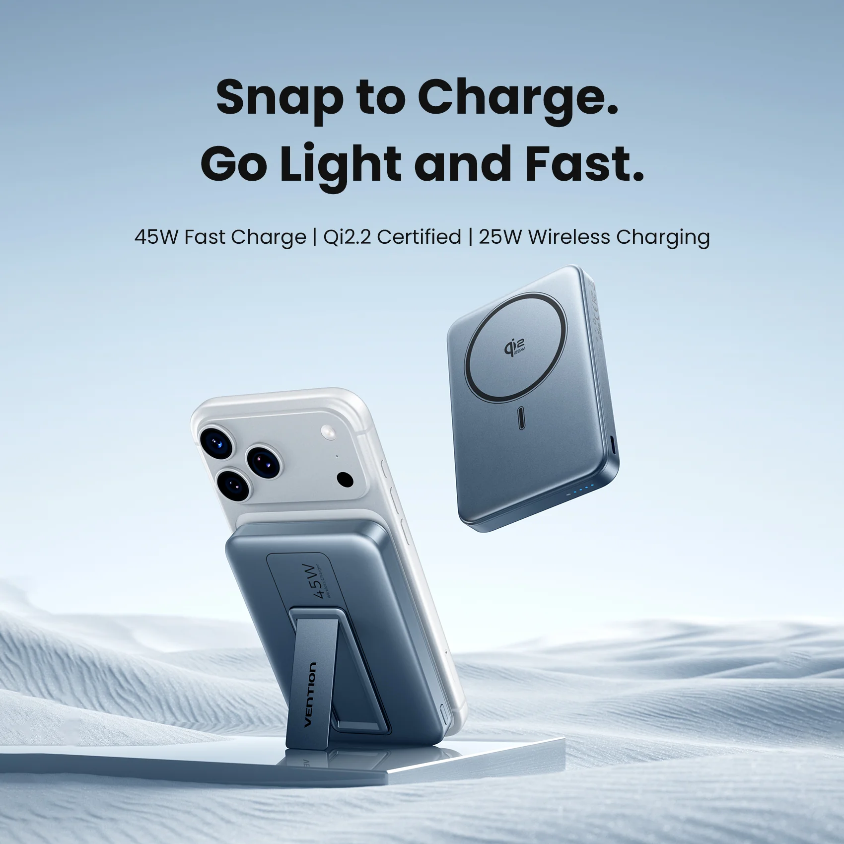 Vention Qi2.2 10000mAh Magnetic Wireless Power Bank (USB-C + USB-C/Wireless) 45W Gray - Image 3
