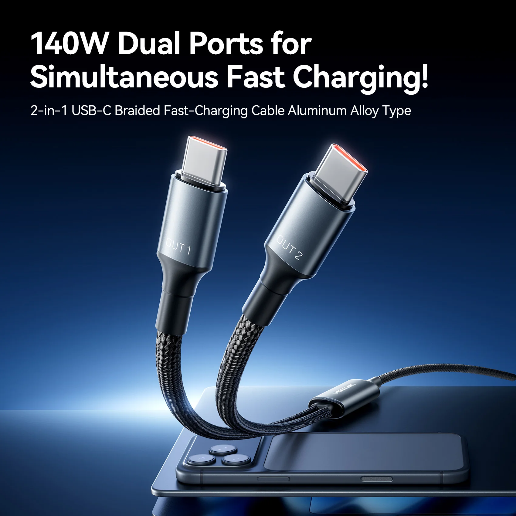 Vention USB 2.0 Type-C Male to 2 Type-C Male 5A Cable Black Aluminum Alloy Type - Image 3