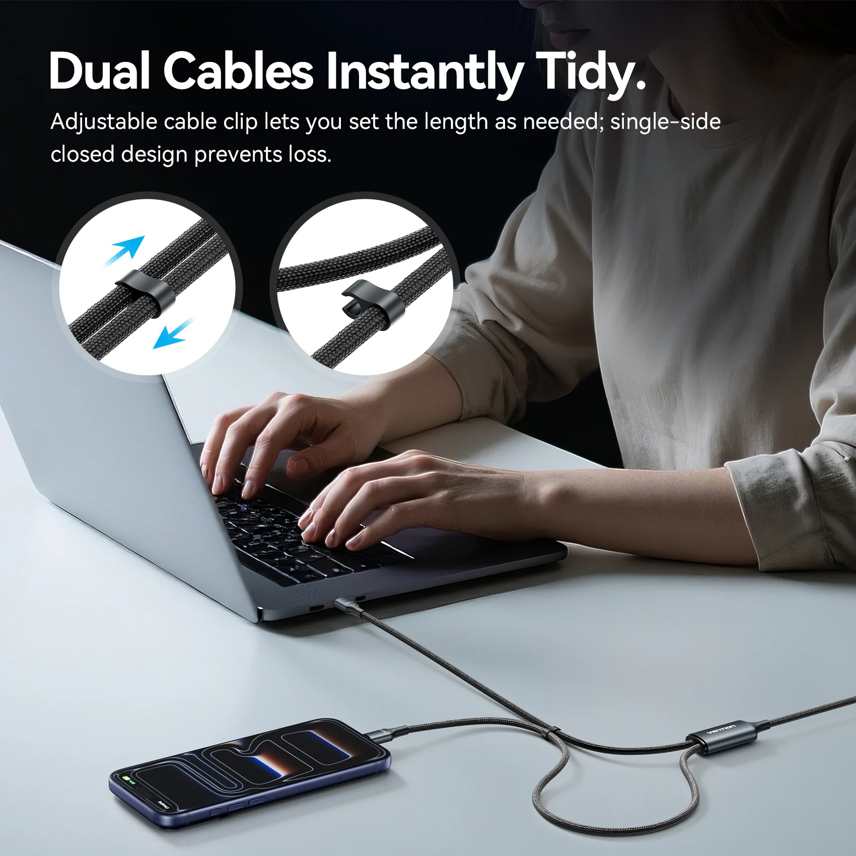 Vention USB 2.0 Type-C Male to 2 Type-C Male 5A Cable Black Aluminum Alloy Type - Image 9